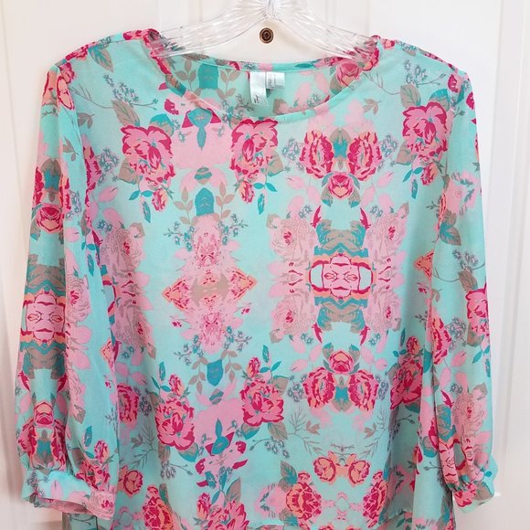 Forever 21 Women's Hi Lo Semi Sheer Turquoise Floral Shirt Top Blouse Cover Up - Picture 2 of 13